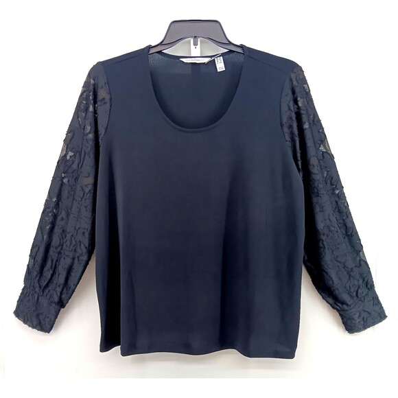 Isaac Mizrahi Blouse Women Size 1X Black Scoop Neck Sheer Floral Long Sleeve Top - Picture 1 of 6